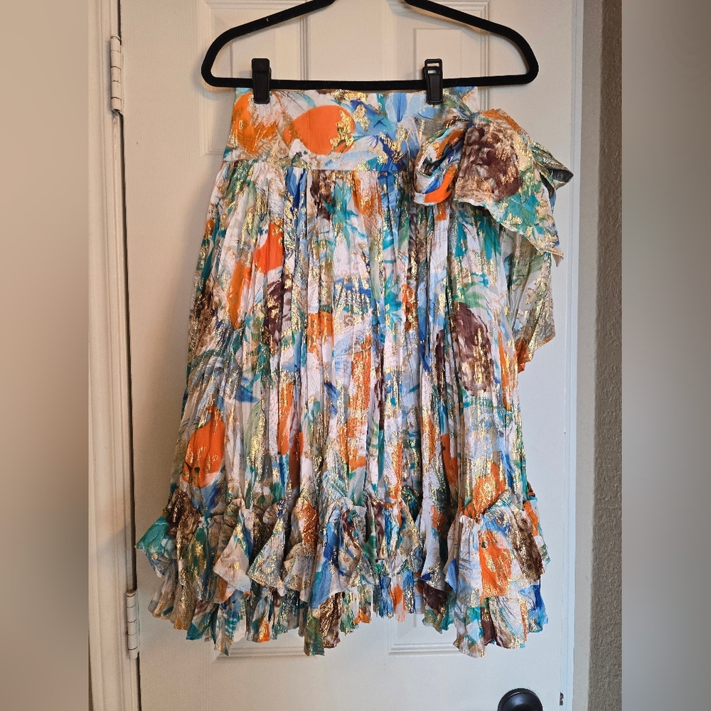 Diane von Furstenberg DVF Jaquard Metallic Ruffle & Tie Waist Silk Skirt 6